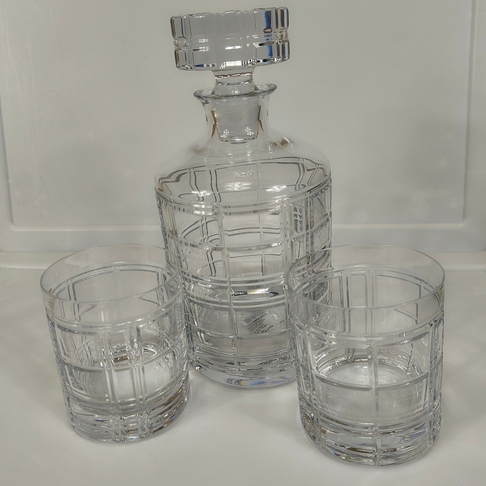 Crystal Decanter Set 3 Piece Whiskey Glasses Carafe Stopper‎ Etched Grid Pattern